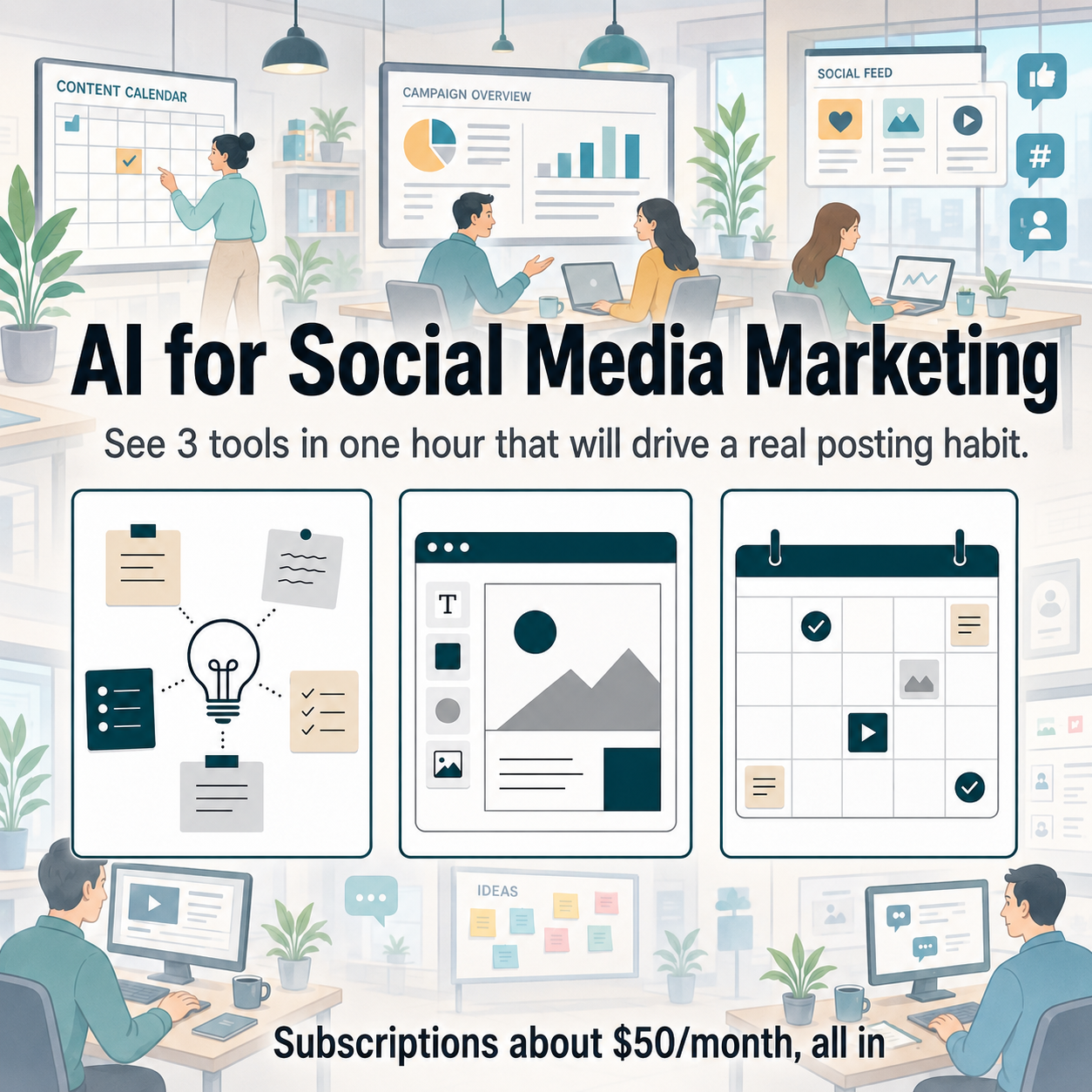 AI for Social Media Marketing — see 3 tools in one hour that will drive a real posting habit